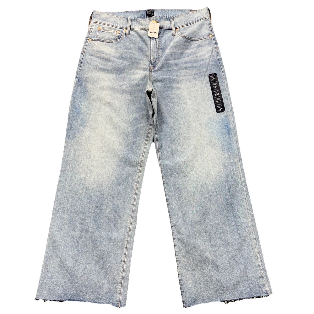 J.Crew Wide-Leg Crop Jeans Womens 33T Blue‎ Raw Hem Denim Distressed Stretch NEW